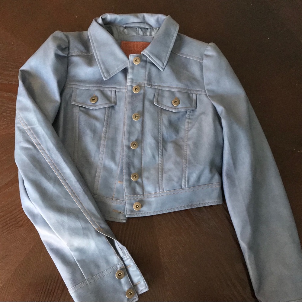 blue leather jacket